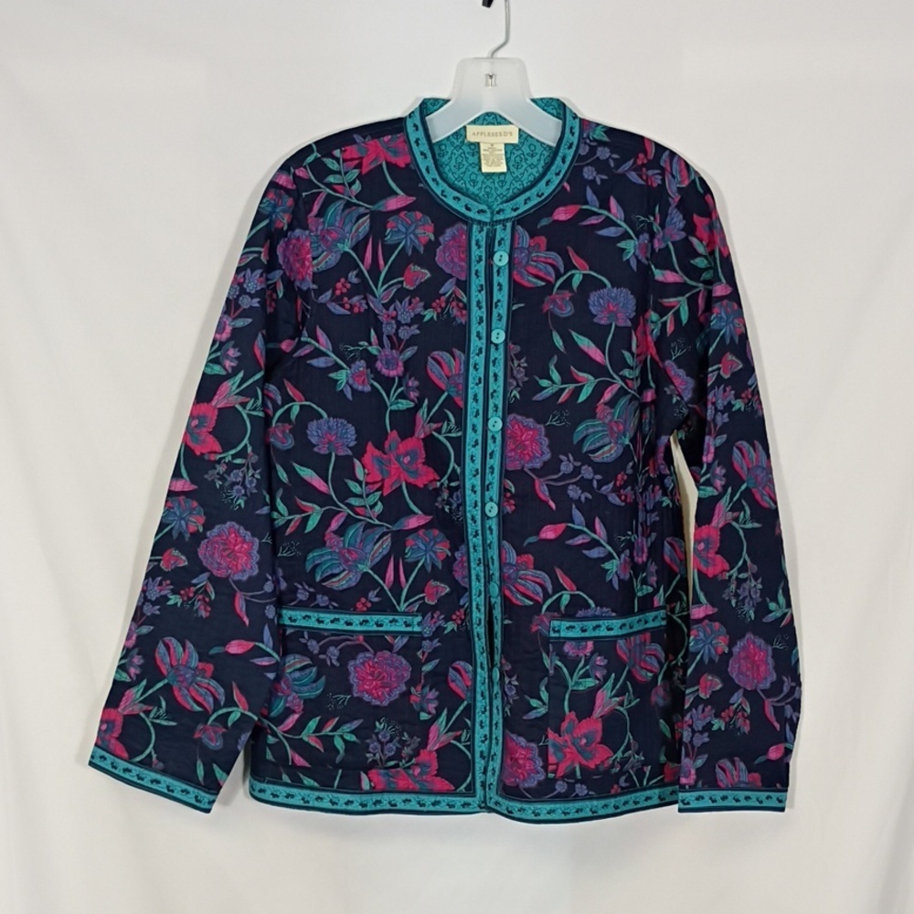 EUC Appleseed's Floral Quilted Jacket with Teal Trim Womens Inch Size Medium
